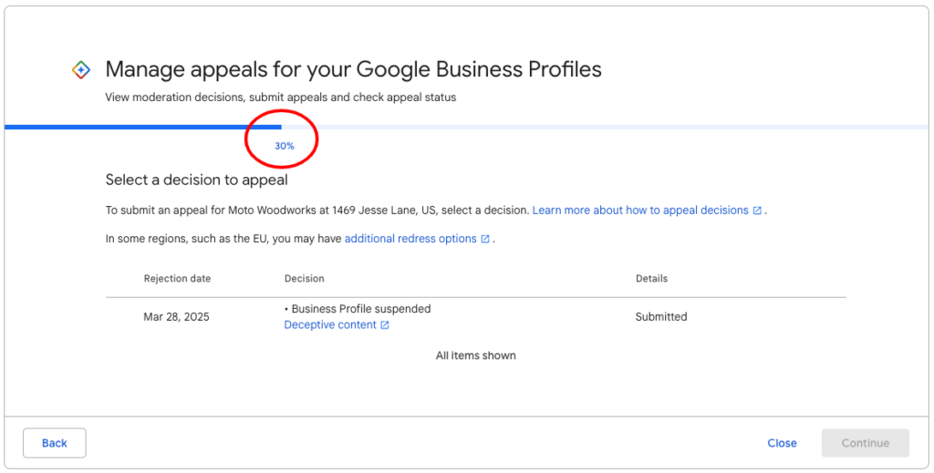 Google Business Profile appeal status 30%
