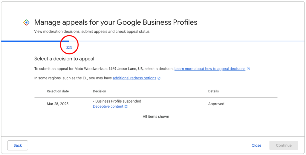 Google Business Profile appeal status 22%